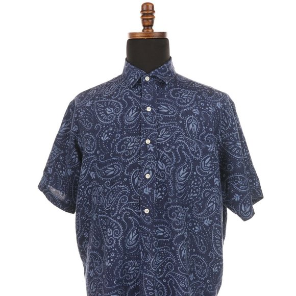 Polo Ralph Lauren Shirt Men's Large Blue Paisley Cambridge 100% Linen Vintage - Picture 2 of 4